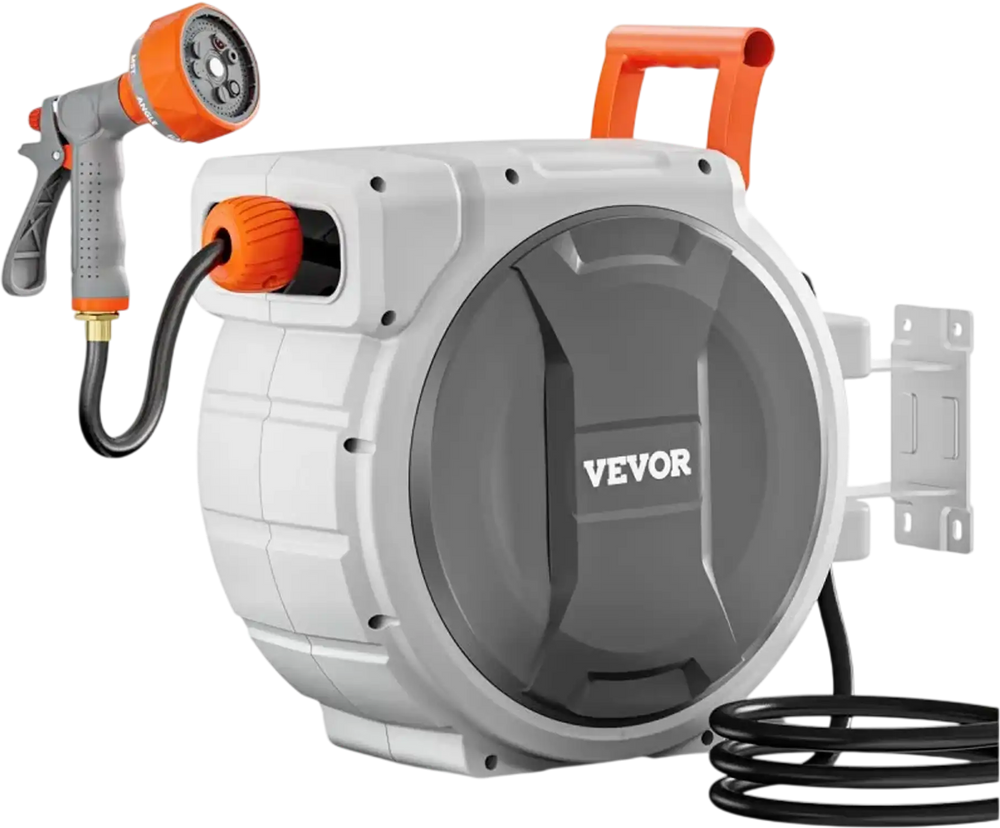 VEVOR Retractable Garden Hose Reel, 1/2 Inch x 145 ft Wall Mounted Hose Reel, Heavy Duty Garden Hose Reel with 9 Patterns Nozzle, Any Length Lock, Upgraded Slow Return System and 180°Swivel Bracket