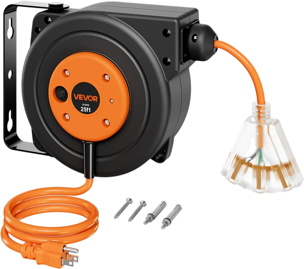 VEVOR Retractable Extension Cord Reel 25FT Heavy Duty 14AWG/3C SJTOW Orange, for Ceiling/Wall Mount, 13A Circuit Breaker, Automatic Retractable Power Cord, Lighted Triple Tap, with 180° Swivel Bracket