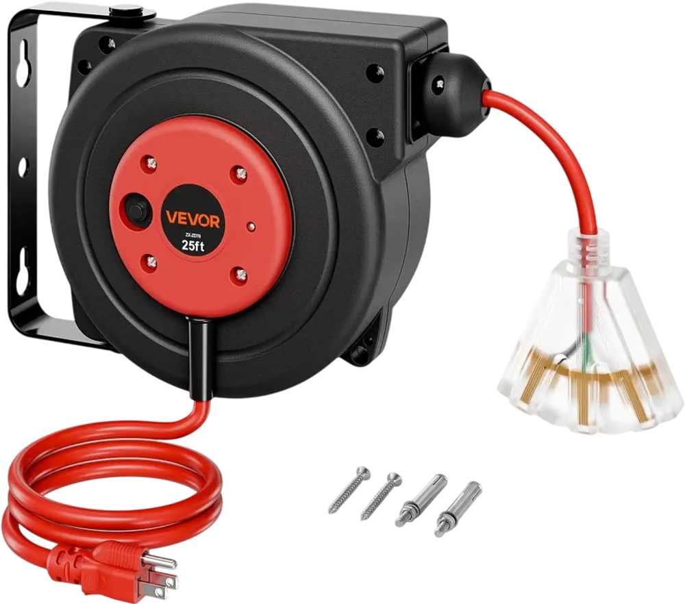 VEVOR Retractable Extension Cord Reel 25FT Heavy Duty 14AWG/3C SJTOW Red, for Ceiling/Wall Mount, 13A Circuit Breaker, Automatic Retractable Power Cord, Lighted Triple Tap, with 180° Swivel Bracket