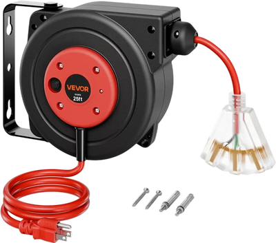 Vevor Extension Cord Reel 25' Heavy Duty Retractable Red New