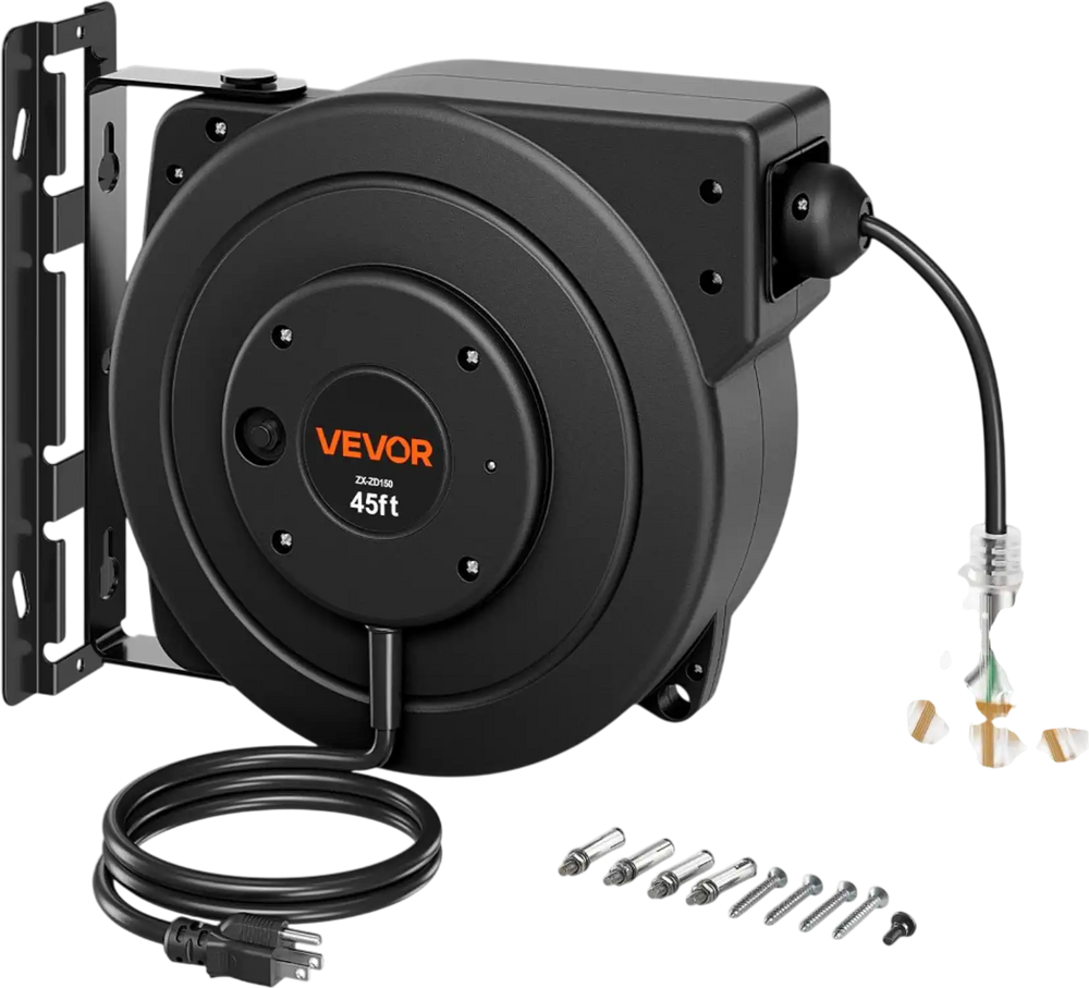 VEVOR Retractable Extension Cord Reel 45FT Heavy Duty 12AWG/3C SJTOW Black, for Ceiling/Wall Mount, 15A Circuit Breaker, Automatic Retractable Power Cord, Lighted Triple Tap, with 180° Swivel Bracket