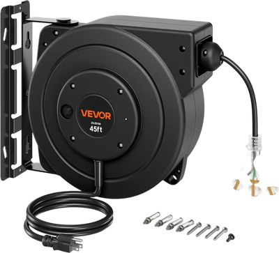 Vevor Extension Cord Reel 45' Heavy Duty Retractable Black New