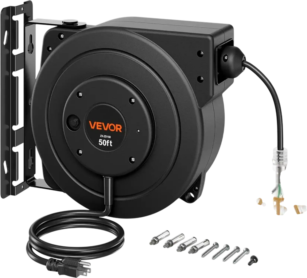 VEVOR Retractable Extension Cord Reel 50FT Heavy Duty 14AWG/3C SJTOW Black, for Ceiling/Wall Mount, 13A Circuit Breaker, Automatic Retractable Power Cord, Lighted Triple Tap, with 180° Swivel Bracket