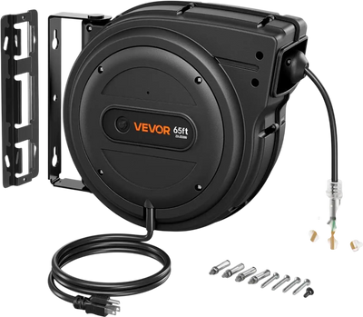 Vevor Retractable Extension Cord Reel 65' Heavy Duty 12/3 AWG Black New