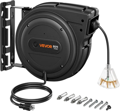 VEVOR Retractable Extension Cord Reel 80FT Heavy Duty 12AWG/3C SJTOW Black, for Ceiling/Wall Mount, 15A Circuit Breaker, Automatic Retractable Power Cord, Lighted Triple Tap, with 180° Swivel Bracket