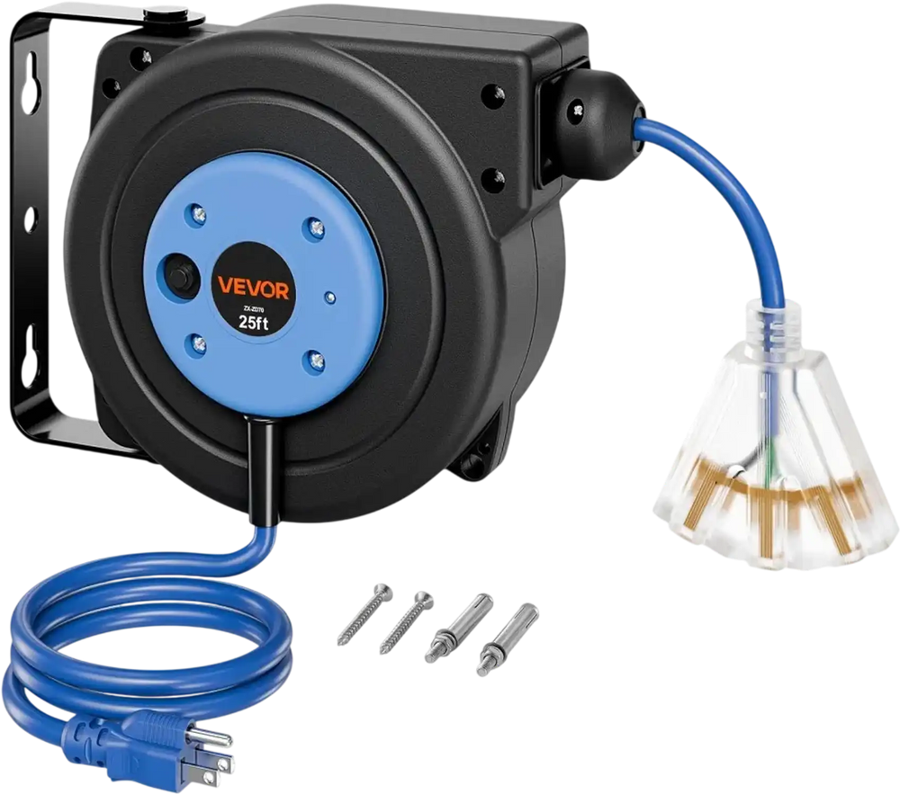 VEVOR Retractable Extension Cord Reel 25FT Heavy Duty 14AWG/3C SJTOW Blue, for Ceiling/Wall Mount, 13A Circuit Breaker, Automatic Retractable Power Cord, Lighted Triple Tap, with 180° Swivel Bracket