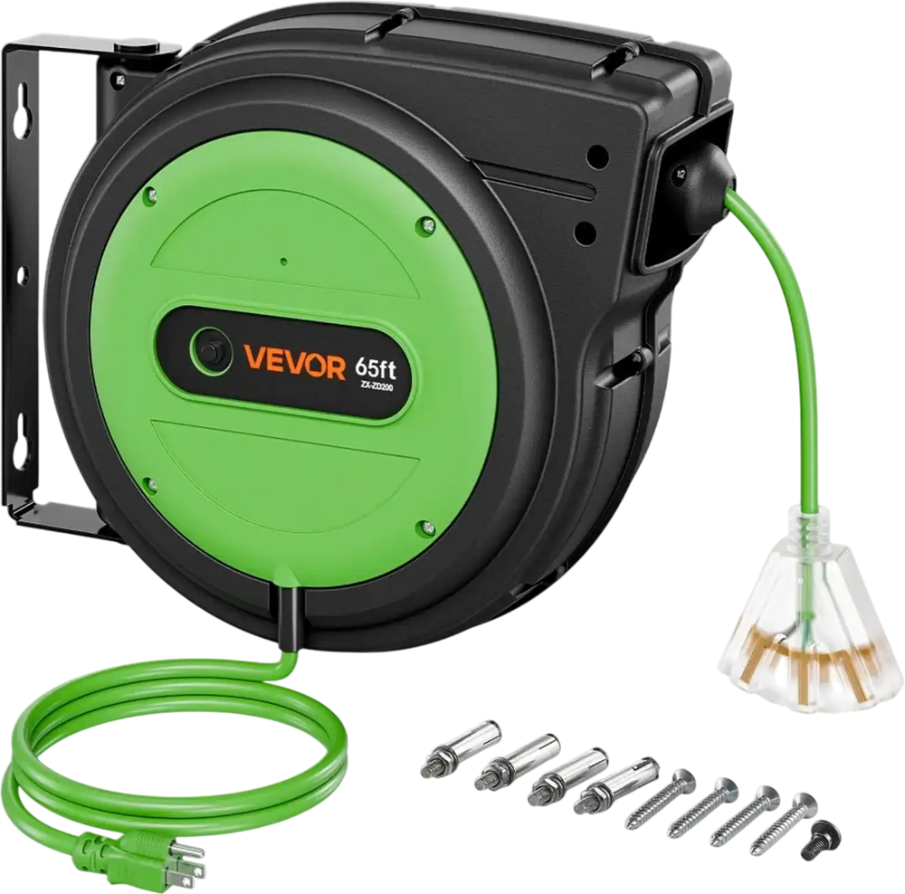 VEVOR Retractable Extension Cord Reel 65FT Heavy Duty 12AWG/3C SJTOW Green, for Ceiling/Wall Mount, 15A Circuit Breaker, Automatic Retractable Power Cord, Lighted Triple Tap, with 180° Swivel Bracket