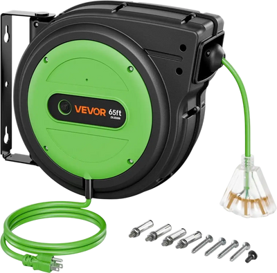 VEVOR Retractable Extension Cord Reel 65FT Heavy Duty 12AWG/3C SJTOW Green, for Ceiling/Wall Mount, 15A Circuit Breaker, Automatic Retractable Power Cord, Lighted Triple Tap, with 180° Swivel Bracket