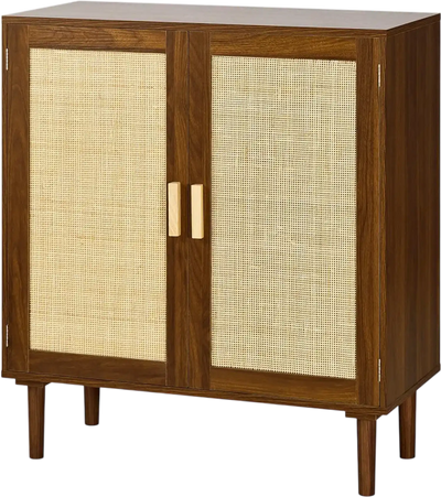 Vevor Cabinet Rattan Accent Storage Cabinet with 2 Doors & Adjustable Shelves Khaki New
