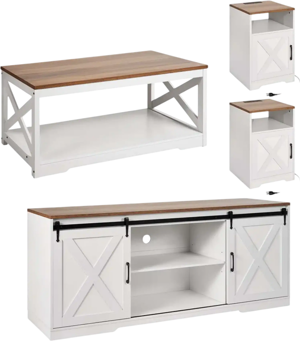 VEVOR 4 Pieces Farmhouse Coffee Table Sets, 40 in Coffee Table with 2 End Tables and 66 in TV Stand, Easy Assembly Living Room Tables Sets with Charging Station, for Office, Living Room & Apartment