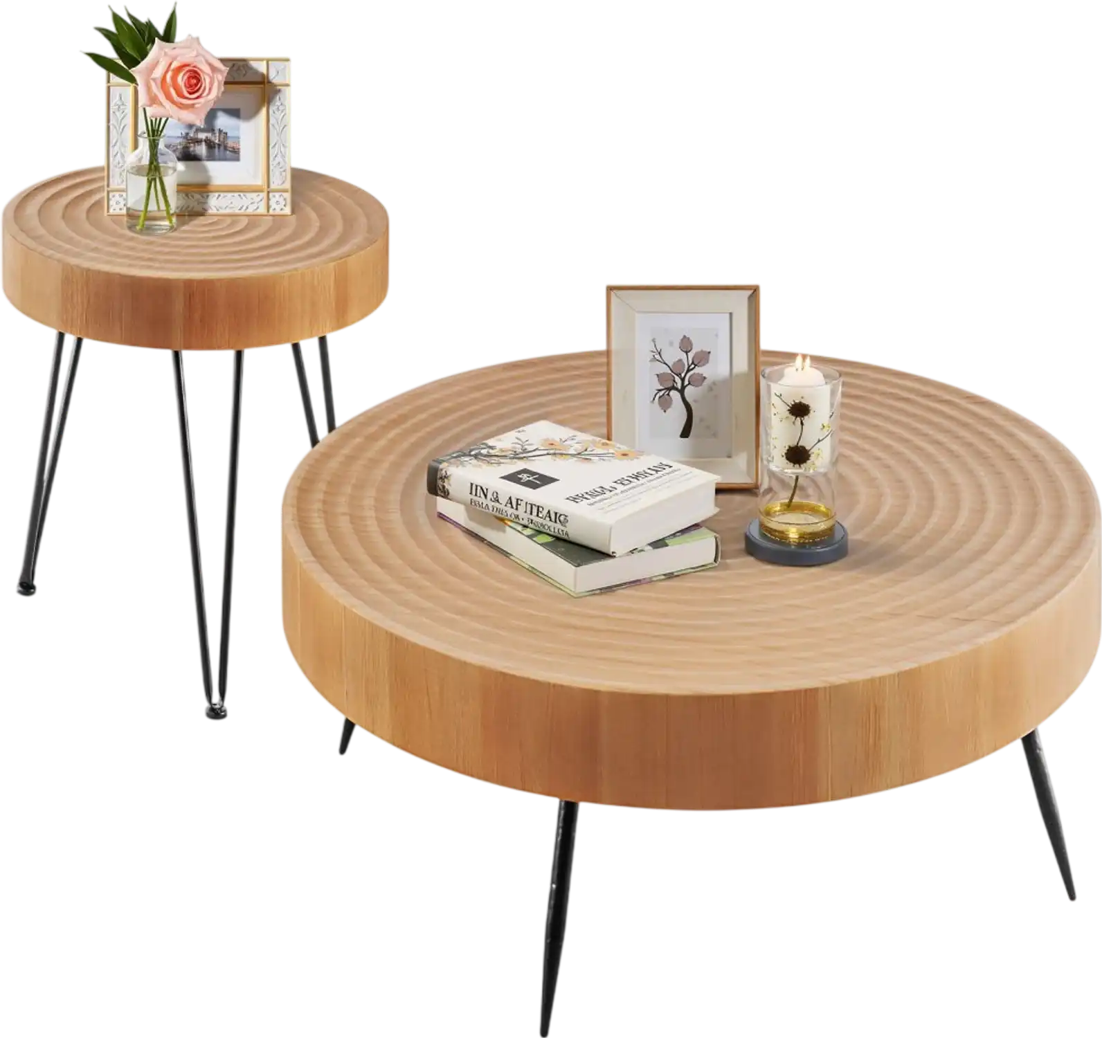 Vevor Coffee Table Set 2-Piece Round Industrial Living Room Tables with End Side Table New