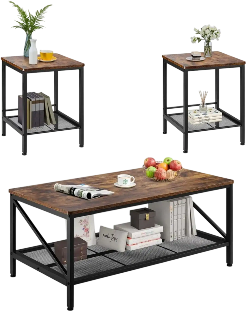 VEVOR 3 Pieces Living Room Table Sets, 41.3 in Industrial Coffee Table with 2 Square End Side Tables, Easy Assembly Coffee and End Tables Sets with Metal Legs, for Office, Living Room & Apartment