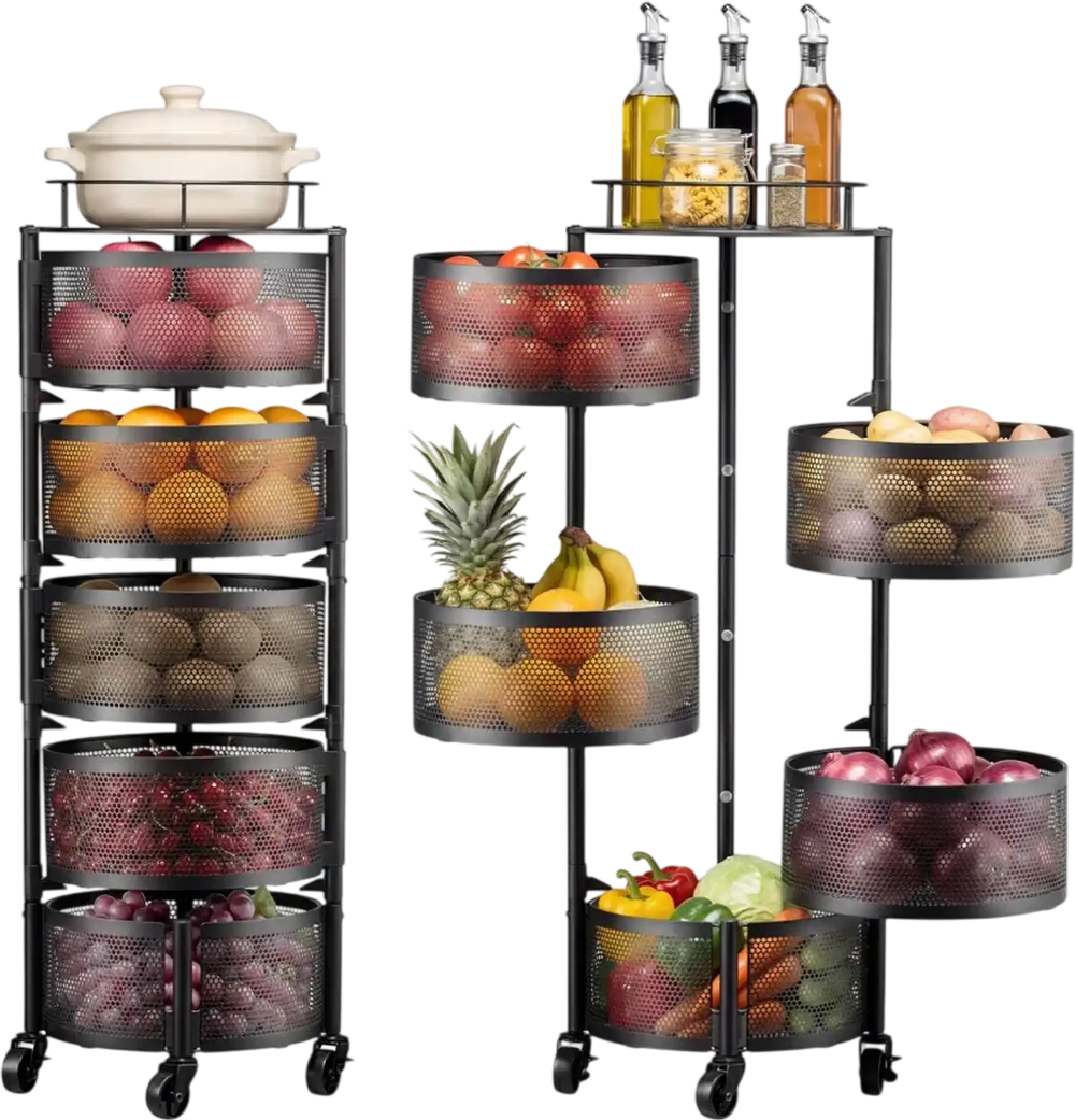 VEVOR Rotating Storage Rack Cart, 5 Tier Fruit and Vegetable Basket Bowls, Heavy Duty Wire Basket Organizer on Wheels, Large Capacity Stand with Metal Top Lid, for Kitchen Bathroom Nursery, Black