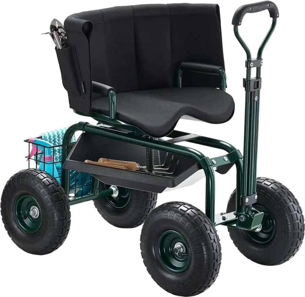 VEVOR Garden Seat with Wheels, Rolling Garden Stool with Height Adjustable & 360° Swivel Seat, 400lbs Weight Capacity, Gardening Cart Bench, Ergonomic Backrest & Tool Storage, for Garden, Yard, Patio