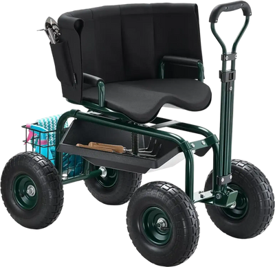 Vevor Garden Cart Rolling Garden Seat with 360° Swivel Seat, Backrest & Tool Storage New