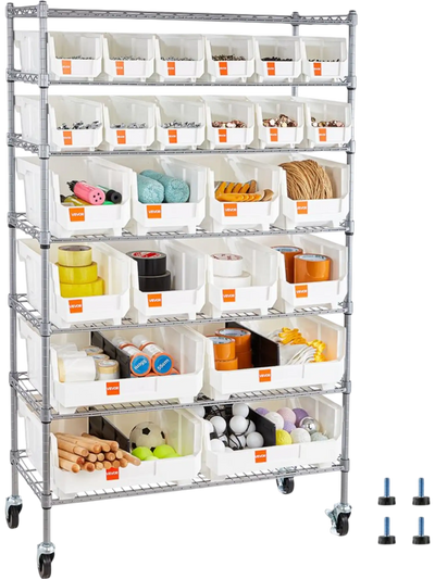 VEVOR 7-Tier Rolling Bin Storage Rack, 24 Organizer Bins, Bin Rack Storage Steel Wire Shelving System with Wheels, Mobile Tool Organizer for Garage, Warehouse, Office, Restaurant, Classroom, Kitchen