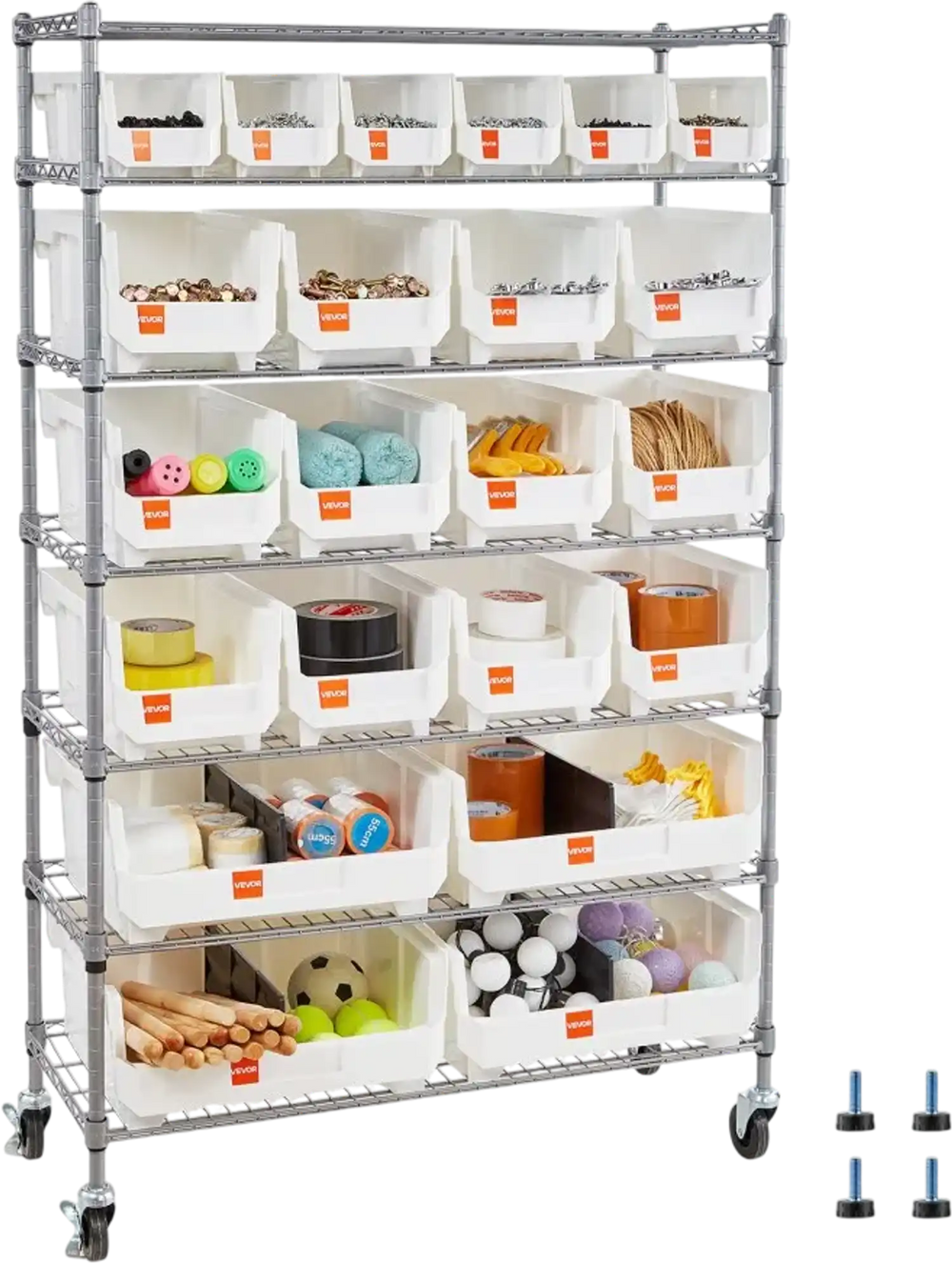 VEVOR 7-Tier Rolling Bin Storage Rack, 22 Organizer Bins, Bin Rack Storage Steel Wire Shelving System with Wheels, Mobile Tool Organizer for Garage, Warehouse, Office, Restaurant, Classroom, Kitchen