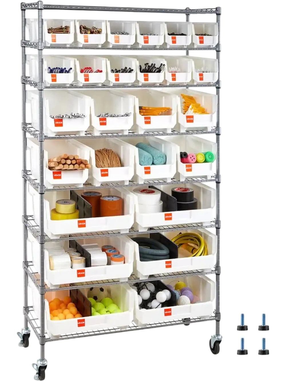 VEVOR 8-Tier Rolling Bin Storage Rack, 26 Organizer Bins, Bin Rack Storage Steel Wire Shelving System with Wheels, Mobile Tool Organizer for Garage, Warehouse, Office, Restaurant, Classroom, Kitchen