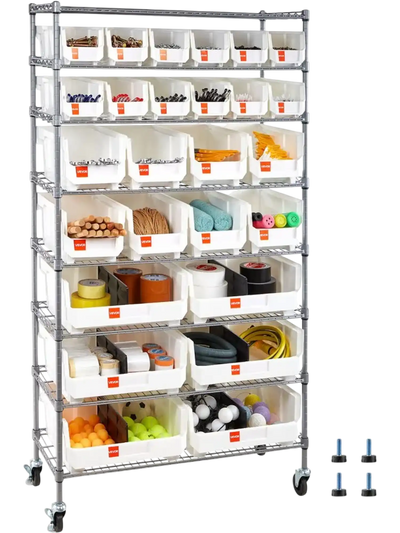 VEVOR 8-Tier Rolling Bin Storage Rack, 26 Organizer Bins, Bin Rack Storage Steel Wire Shelving System with Wheels, Mobile Tool Organizer for Garage, Warehouse, Office, Restaurant, Classroom, Kitchen