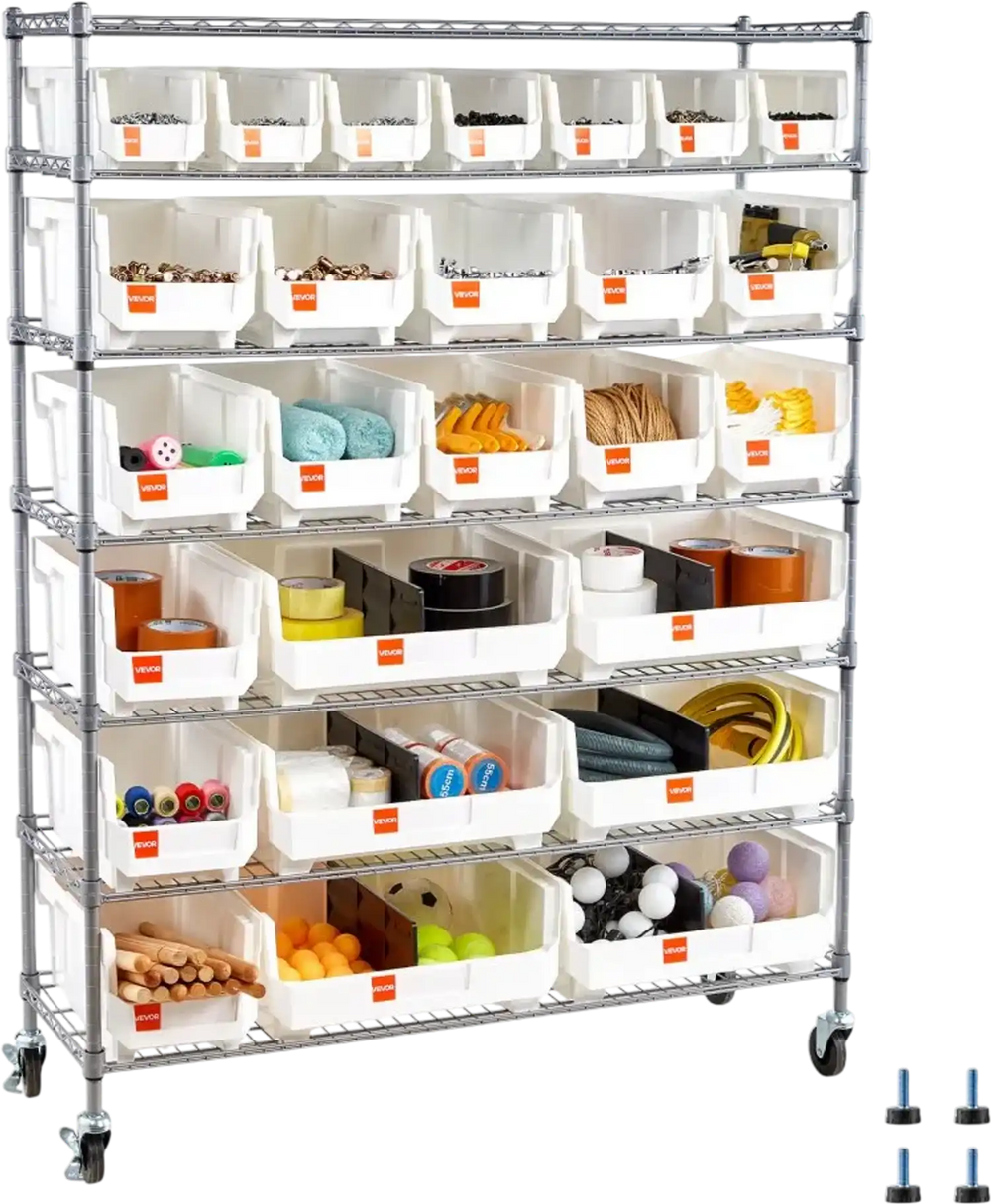 VEVOR 7-Tier Rolling Bin Storage Rack, 26 Organizer Bins, Bin Rack Storage Steel Wire Shelving System with Wheels, Mobile Tool Organizer for Garage, Warehouse, Office, Restaurant, Classroom, Kitchen
