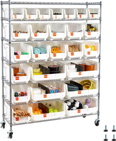 VEVOR 7-Tier Rolling Bin Storage Rack, 26 Organizer Bins, Bin Rack Storage Steel Wire Shelving System with Wheels, Mobile Tool Organizer for Garage, Warehouse, Office, Restaurant, Classroom, Kitchen