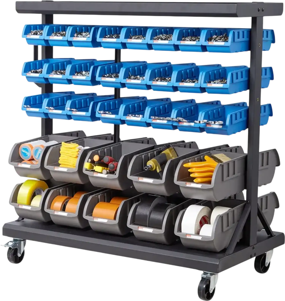 VEVOR 5-Tier Double-Sided Rolling Bin Storage Rack, 68 Organizer Bins, Dual-Sided Parts Organizer with Wheels, Mobile Tool Organizer Plastic Bins for Garage, Warehouse, Office, Restaurant, Classroom
