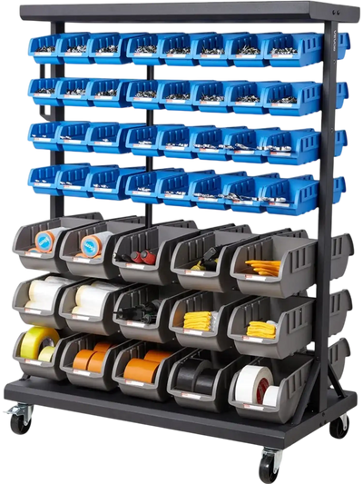 VEVOR 7-Tier Double-Sided Rolling Bin Storage Rack, 94 Plastic Bins, Dual-Sided Parts Organizer with Wheels, Mobile Tool Organizer for Garage, Warehouse, Office, Restaurant, Classroom, Kitchen