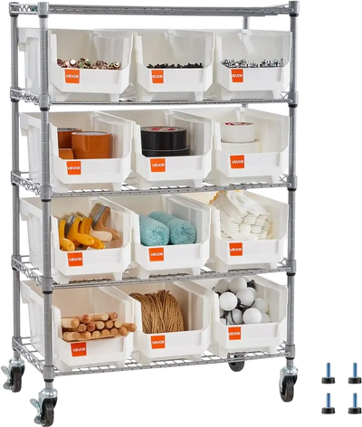 VEVOR 5-Tier Rolling Bin Storage Rack, 12 Organizer Bins, Bin Rack Storage Steel Wire Shelving System with Wheels, Mobile Tool Organizer for Garage, Warehouse, Office, Restaurant, Classroom, Kitchen