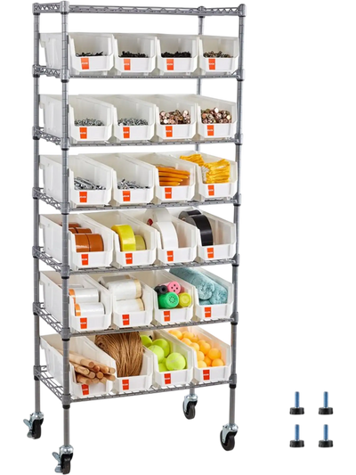 VEVOR 7-Tier Rolling Bin Storage Rack, 24 Small Bins, Bin Rack Storage Steel Wire Shelving System with Wheels, Mobile Tool Organizer for Garage, Warehouse, Office, Restaurant, Classroom, Kitchen