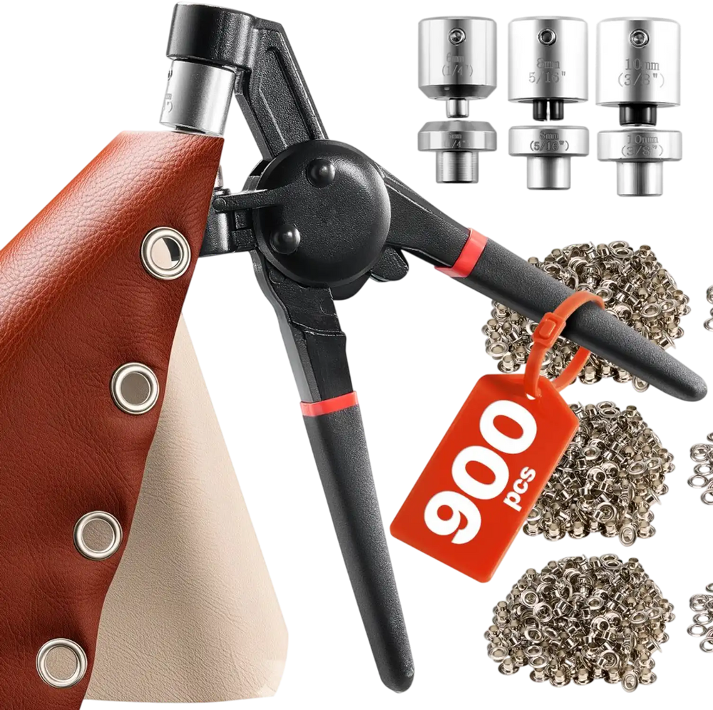VEVOR Grommet Tool Kit, 900 PCS 1/4 Inch 5/16 Inch 3/8 Inch Multi Size Metal Eyelets Grommets, Eyelet Kit with Manual Grommet Press Pliers, Hole Punch, and Block, for Leather Tarp Shoes Crafts Fabric