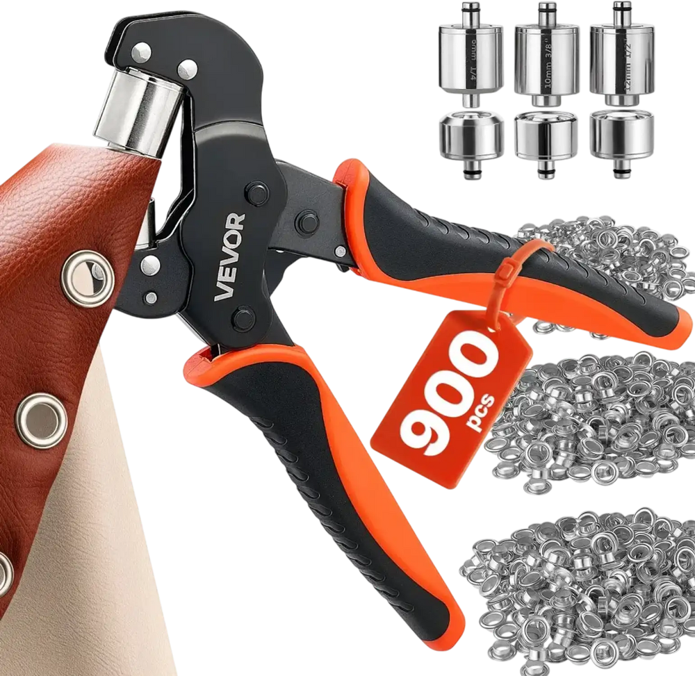 VEVOR Grommet Tool Kit 1/4" 3/8" 1/2" 900 PCS Grommets Eyelet Tool Kit, with Eyelets and Washers, Manual Grommet Press Pliers, Hole Punch Tools, Blocks, for Leather, Tarps, Shoes, Crafts, Fabric