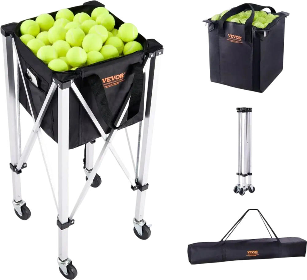 VEVOR Foldable Tennis Ball Hopper, Holds 150 Tennis Balls, Lightweight Aluminum Alloy Tennis Ball Basket Cart with Wheels, Removable Bag, Carry Bag, Portable Sports Teaching Cart for Tennis Player
