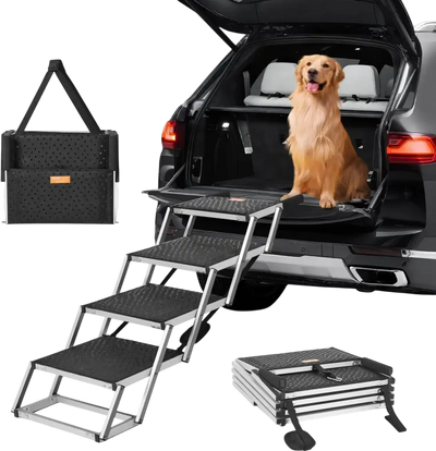 VEVOR Dog Stair for Cars, Wide 4-step Dog Car Steps, Folding Dog Car Ramp with Nonslip Surface, Portable Pet Steps Lightweight Aluminum for Car, SUV and Truck, Supports up to 150 lbs