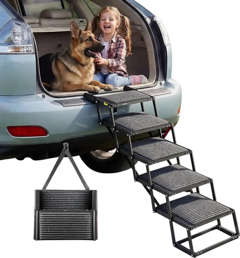VEVOR Dog Stairs for Car, 5 Steps Extra Wide Foldable Dog Ramp for Large Dogs with Non-Slip Rug Surface, Portable Lightweight Pet Ladder for Car, SUV, Truck, High Beds, Sofas, Support up to 200 lbs