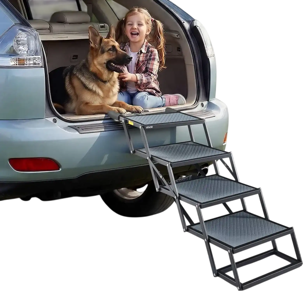 VEVOR Dog Stairs for Car, 4 Steps Extra Wide Foldable Dog Ramp for Large Dogs with Non-Slip Surface, Portable Lightweight Pet Stairs Ladder for Car, SUV, Truck, High Bed, Sofa, Support up to 400 lbs