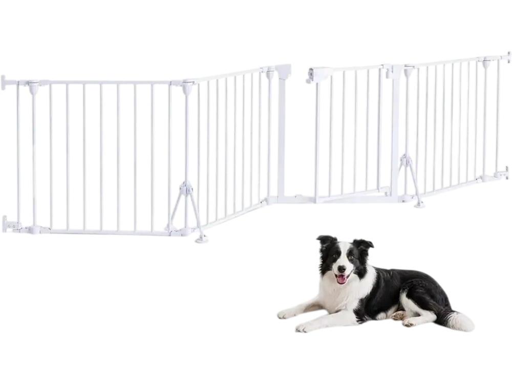 VEVOR Freestanding Dog Gate 24" Tall 4-Panel Foldable Metal Pet Gate White, For Stairs Doorways, Dual-Triangle Support, Sturdy Metal Construction, Freestanding or Wall Mount, Flexible Shapes, Easy Fit