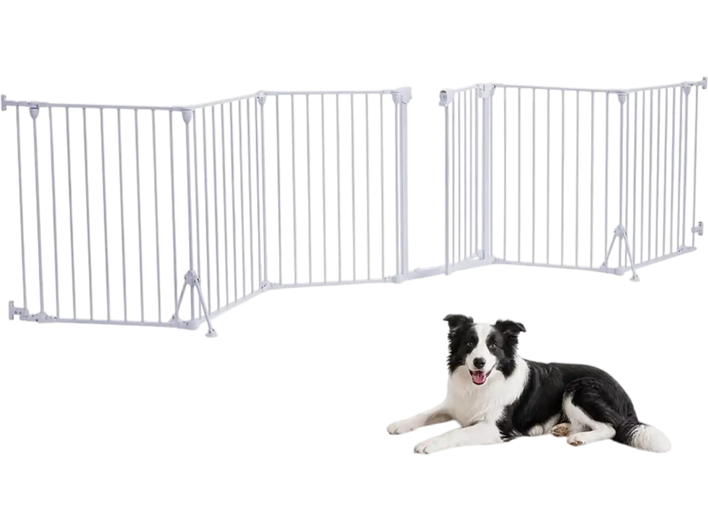VEVOR Freestanding Dog Gate 32" Tall 6-Panel Foldable Metal Pet Gate White, For Stairs Doorways, Dual-Triangle Support, Sturdy Metal Construction, Freestanding or Wall Mount, Flexible Shapes, Easy Fit