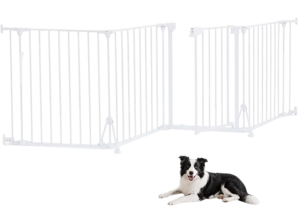 VEVOR Freestanding Dog Gate 32" Tall 4-Panel Foldable Metal Pet Gate White, For Stairs Doorways, Dual-Triangle Support, Sturdy Metal Construction, Freestanding or Wall Mount, Flexible Shapes, Easy Fit