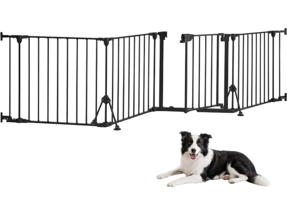 VEVOR Freestanding Dog Gate 24" Tall 4-Panel Foldable Metal Pet Gate Black, For Stairs Doorways, Dual-Triangle Support, Sturdy Metal Construction, Freestanding or Wall Mount, Flexible Shapes, Easy Fit