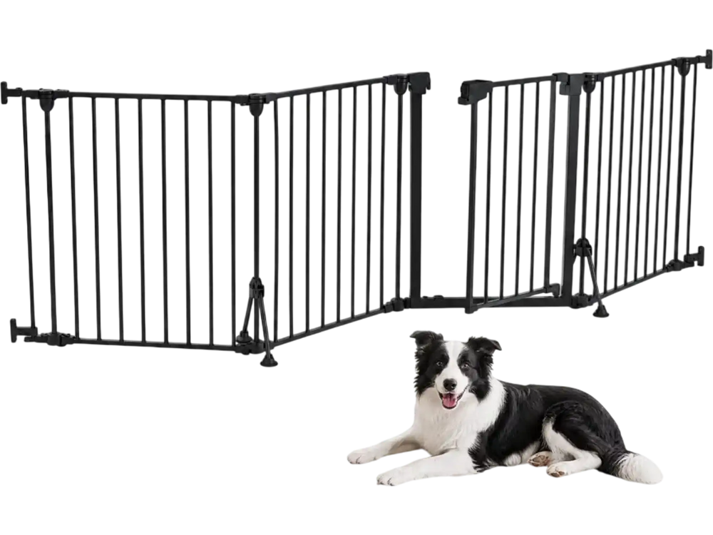 VEVOR Freestanding Dog Gate 30" Tall 4-Panel Foldable Metal Pet Gate Black, For Stairs Doorways, Dual-Triangle Support, Sturdy Metal Construction, Freestanding or Wall Mount, Flexible Shapes, Easy Fit