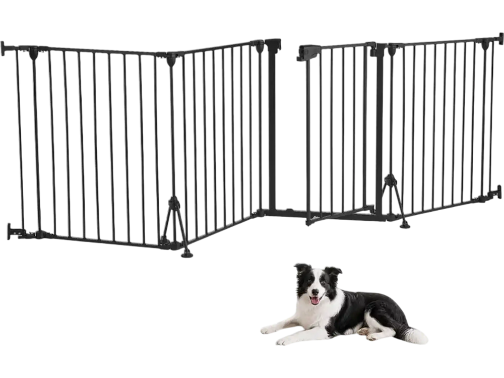 VEVOR Freestanding Dog Gate 32" Tall 4-Panel Foldable Metal Pet Gate Black, For Stairs Doorways, Dual-Triangle Support, Sturdy Metal Construction, Freestanding or Wall Mount, Flexible Shapes, Easy Fit