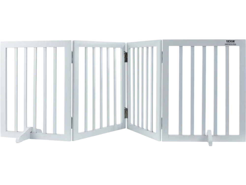 VEVOR Freestanding Pet Barrier, 24" Height x 80.3" Width, 4-Panel Folding Dog Gate for Various Openings, Expandable and Quiet Foot-Supported Indoor Dog Fence, White