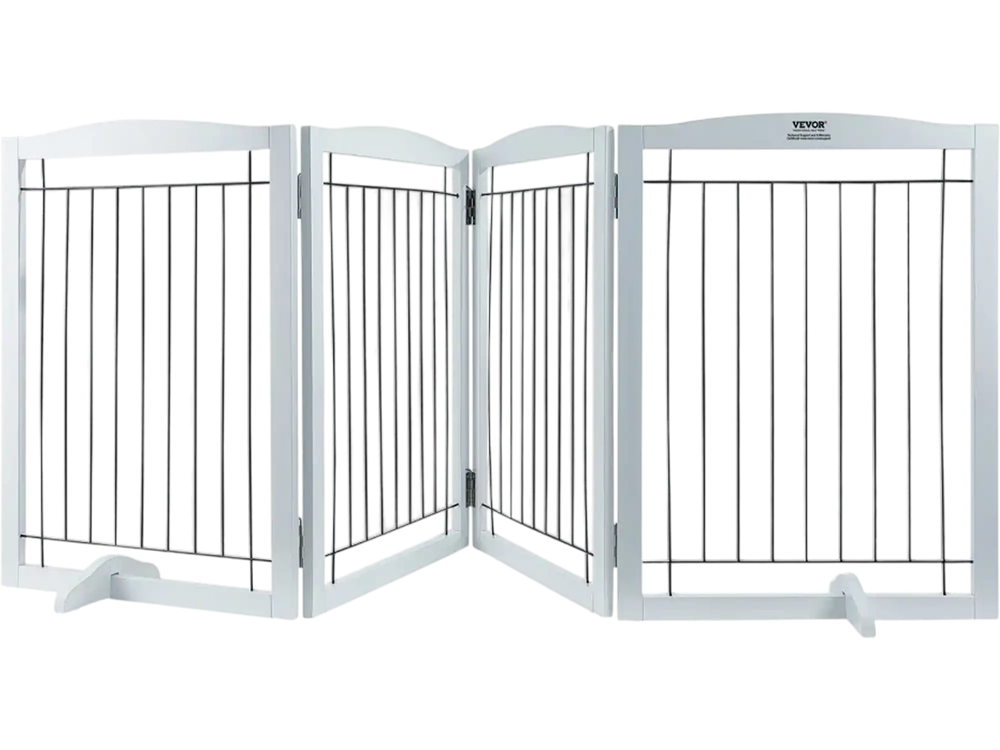 VEVOR Free Standing Dog Gate, 32" H x 96.5" W Freestanding Pet Gate, 4 Panels Foldable Dog Gate for Wide and Narrow Passageways, Expandable Dog Barrier with Silent Foot Support for Indoor, White