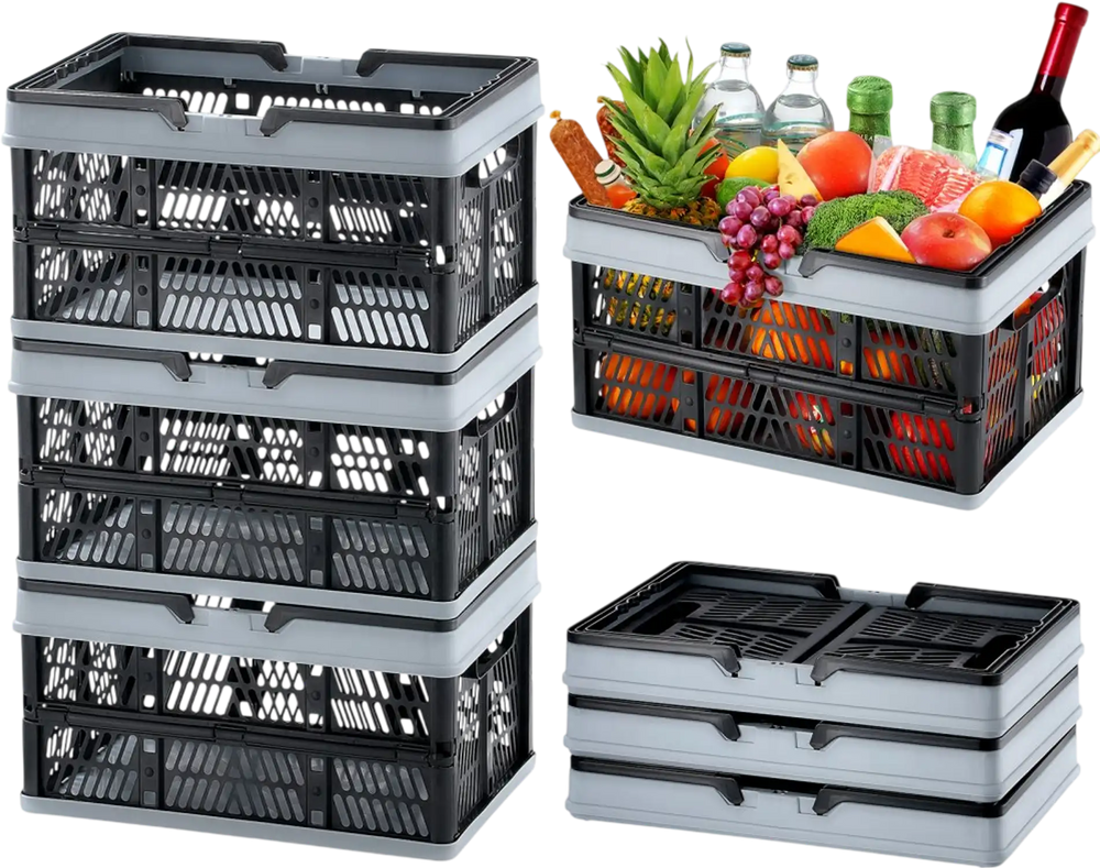 VEVOR Collapsible Shopping Basket, 3 Pack, 16L Plastic Foldable Storage Crate with Handle, Grocery Fruit Vegetable Shopping Basket Folding Storage Container for Supermarket Retail Shopping, Black