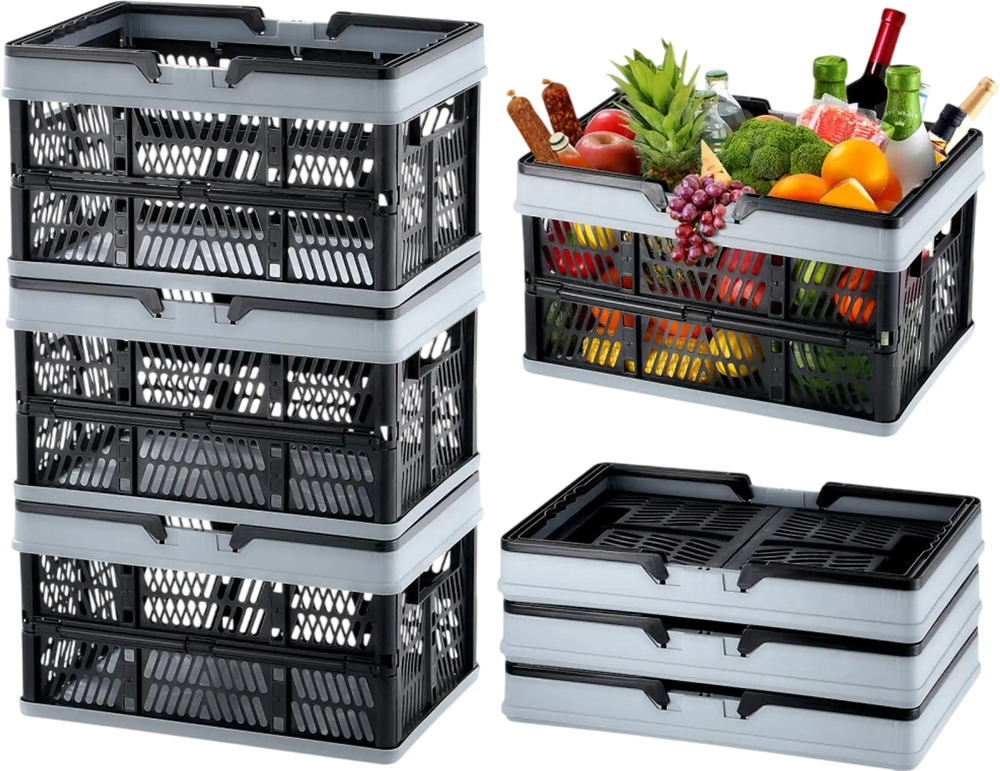VEVOR Collapsible Shopping Basket, 3 Pack, 25L Plastic Foldable Storage Crate with Handle, Grocery Fruit Vegetable Shopping Basket Folding Storage Container for Supermarket Retail Shopping, Black