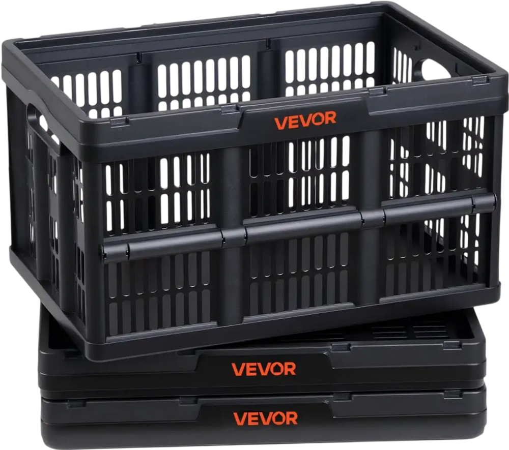 VEVOR Plastic Collapsible Storage Bins, 45L 3 Packs, Stackable Folding Storage Crates with Handles, Holds 33 lbs Per Bin, Foldable Heavy Duty Containers, Space-Saving Baskets, for Home Organizing