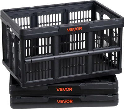 VEVOR Plastic Collapsible Storage Bins, 45L 3 Packs, Stackable Folding Storage Crates with Handles, Holds 33 lbs Per Bin, Foldable Heavy Duty Containers, Space-Saving Baskets, for Home Organizing