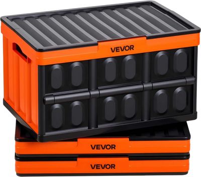 VEVOR Plastic Collapsible Storage Bins with Lids, 45L 3Packs, Stackable Folding Storage Crates with Handles, Holds 44 lbs Per Bin, Heavy Duty Containers, Space-Saving Baskets, for Home Organizing