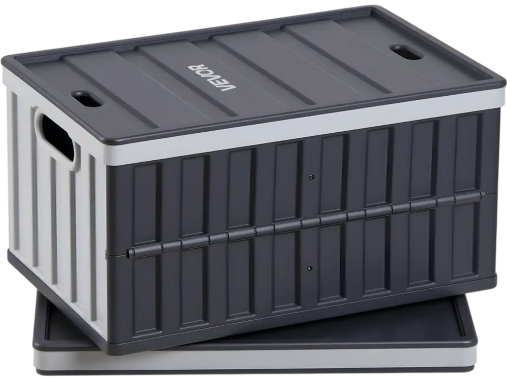 VEVOR Plastic Collapsible Storage Bins with Lids, 65L 2 Packs, Stackable Folding Storage Crates with Handles, Holds 84 lbs Per Bin, Heavy Duty Containers, Space-Saving Baskets, for Home Organizing