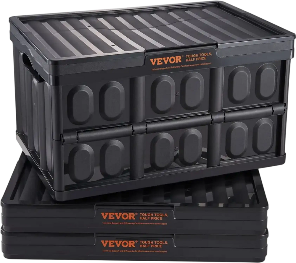 VEVOR Collapsible Storage Bins with Lids, 45L 3 Packs, Folding Plastic Stackable Utility Crates with Handles, Large Heavy Duty Containers for Clothes, Toys, Books, Snack, Shoes, and Grocery Organizing